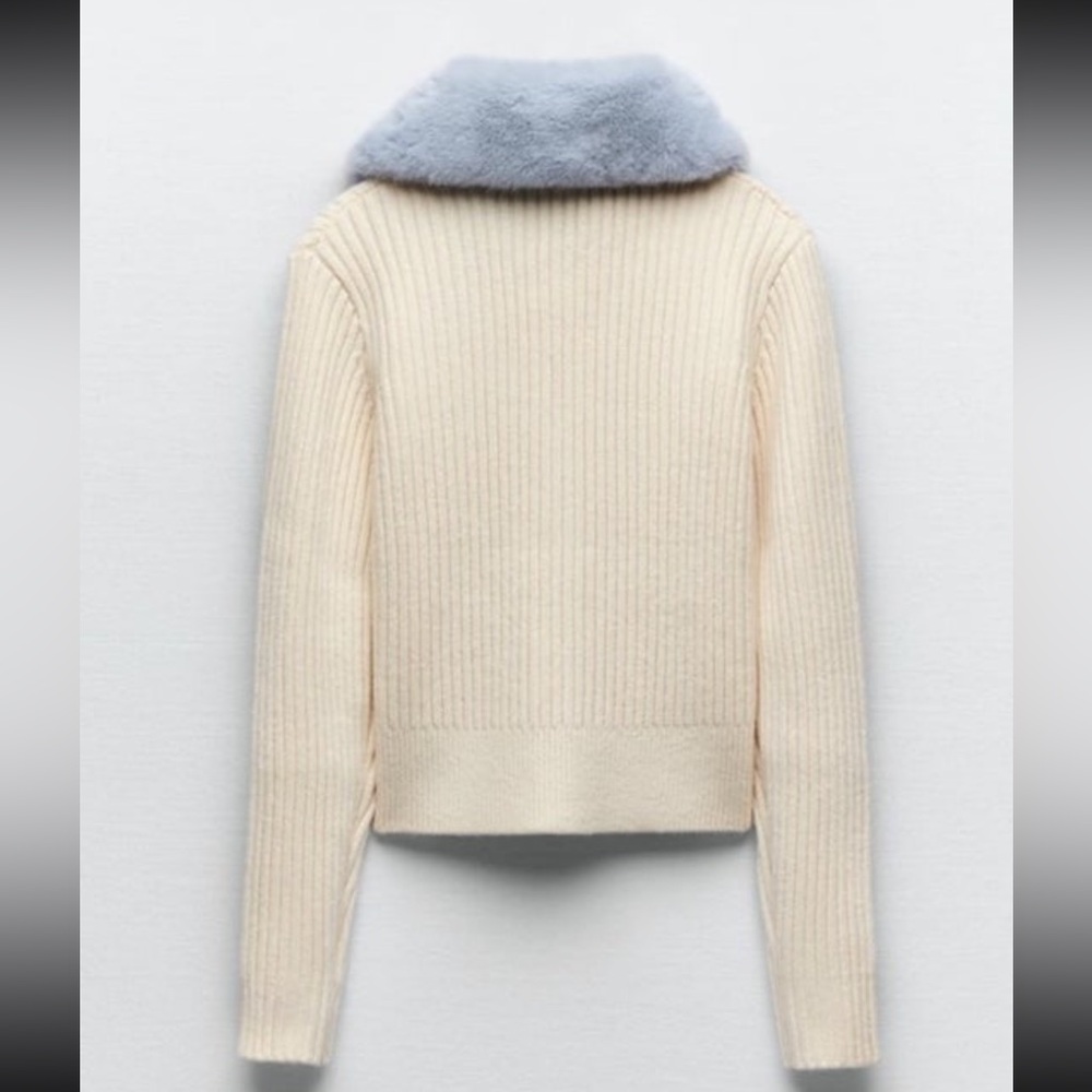 Cream Ribbed Button-Front Sweater with Light Blue Faux Fur Collar - Picture 3 of 12